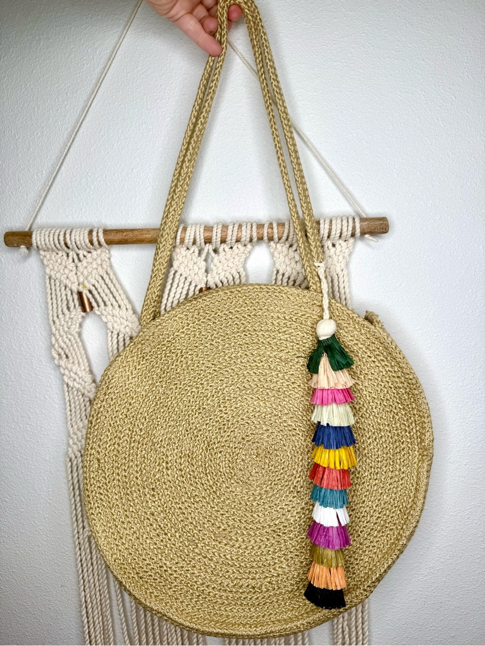 Magid Tote Circle purse round jute boho bag vibrant multi-color raffia tassel